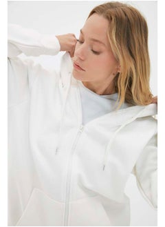 trendyol Ecru Hooded Oversize/Wide Zippered Hooded Thick Fleece Sweatshirt TWOAW21SW0840  - Image 2