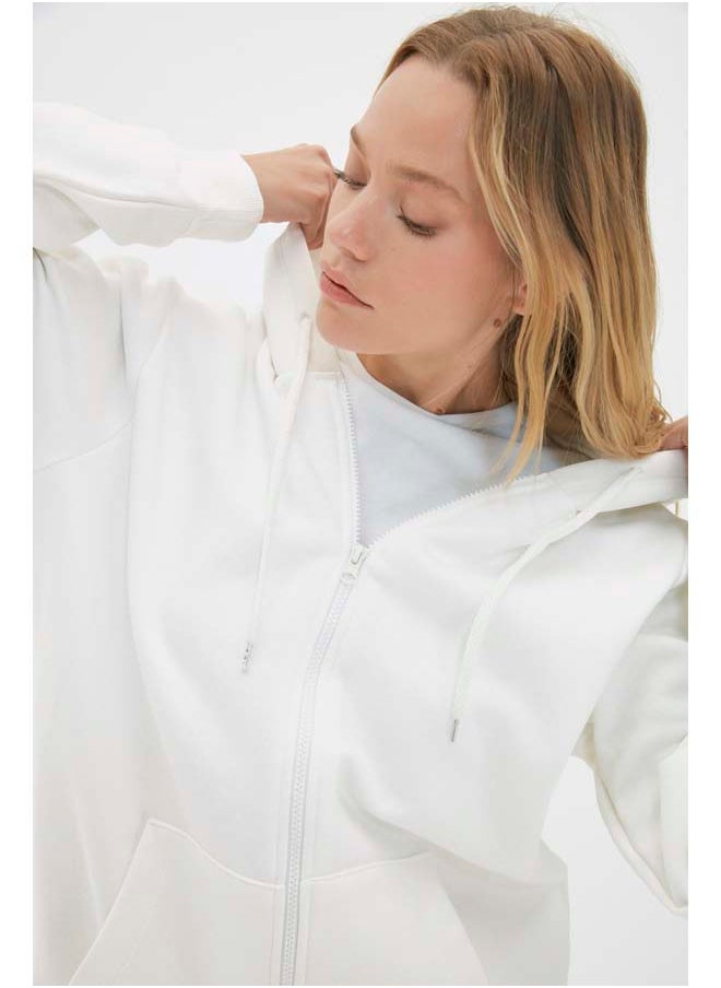 trendyol Ecru Hooded Oversize/Wide Zippered Hooded Thick Fleece Sweatshirt TWOAW21SW0840  - Image 2