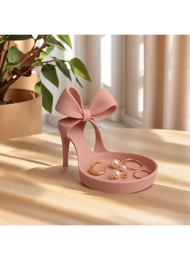 3D Printed High Heel Shoe Jewelry Holder Pink Elegant Shoe Shaped Jewelry Tray With Bow Decor Ring Stand Organizer Desktop Accessory For Vanity Dresser Desk Durable Plastic Gift For Women - Image 4