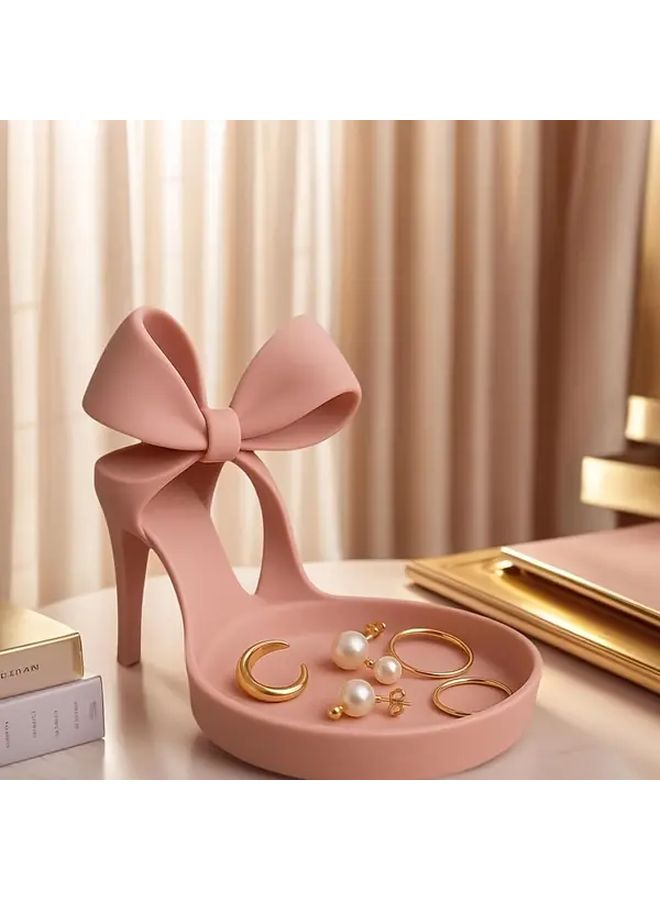 3D Printed High Heel Shoe Jewelry Holder Pink Elegant Shoe Shaped Jewelry Tray With Bow Decor Ring Stand Organizer Desktop Accessory For Vanity Dresser Desk Durable Plastic Gift For Women - Image 2