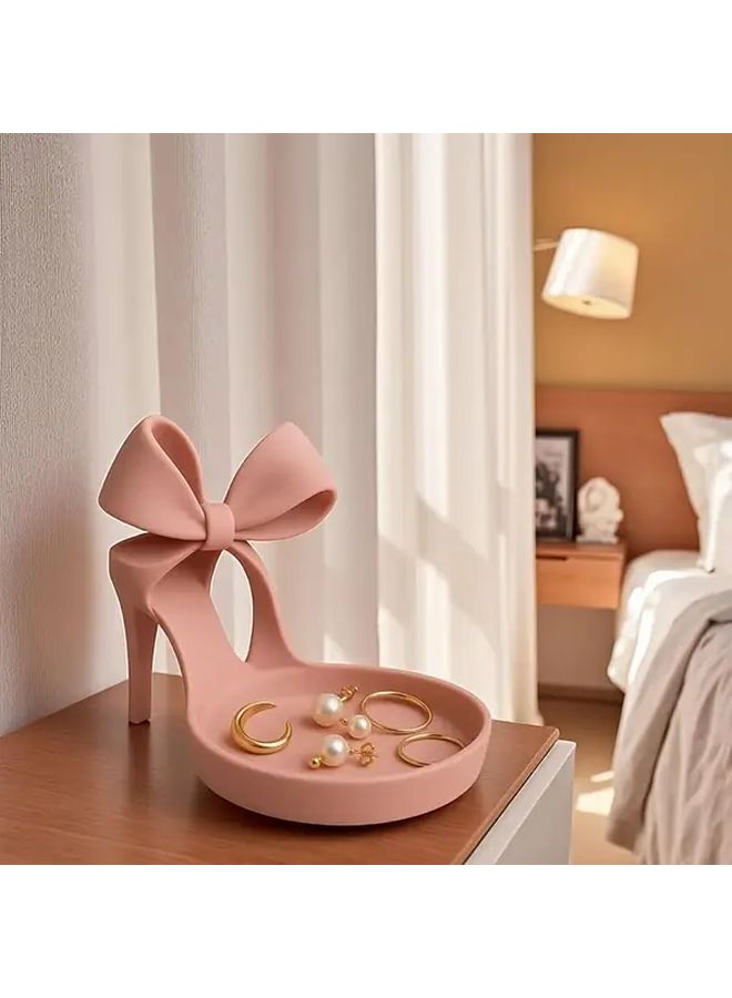 3D Printed High Heel Shoe Jewelry Holder Pink Elegant Shoe Shaped Jewelry Tray With Bow Decor Ring Stand Organizer Desktop Accessory For Vanity Dresser Desk Durable Plastic Gift For Women - Image 1