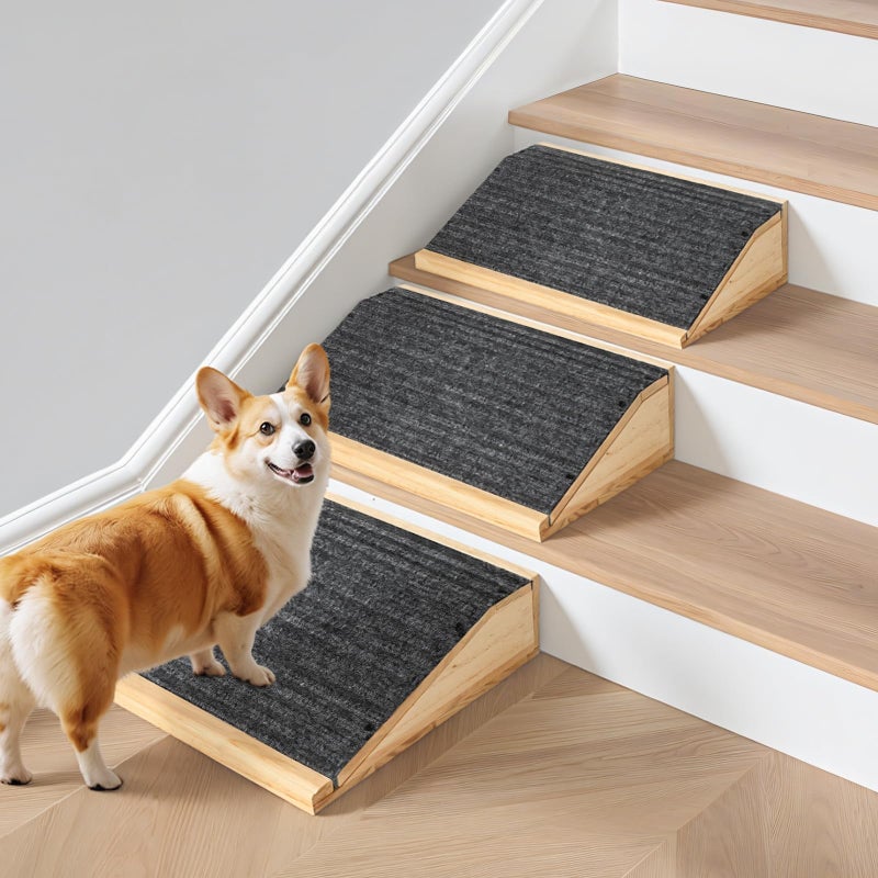 GreenPetopia 3-Pack Wooden Dog Ramp for Stairs, Anti-Slip Pet Steps for Small Dogs with Carpet Surface, Low-Angled Pet Ramps for Staircase, Steps and Stairs Assist for Injured & Aged Pets, Stairs Ramp for Dogs - Image 1