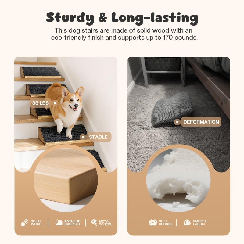 GreenPetopia 3-Pack Wooden Dog Ramp for Stairs, Anti-Slip Pet Steps for Small Dogs with Carpet Surface, Low-Angled Pet Ramps for Staircase, Steps and Stairs Assist for Injured & Aged Pets, Stairs Ramp for Dogs - Image 4