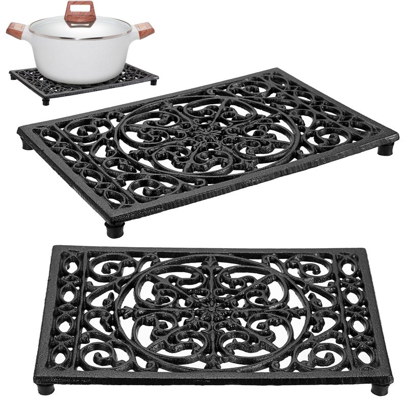 Sumnacon Sumnacon 2Pcs Rectangle Cast Iron Trivet  Heat Resistant Iron Trivet for Hot Dish Pot Pan Plate Teapot Rustic Cast Iron Hot Dish Plate Holder for Kitchen Dining Table Countertop Cooktop 