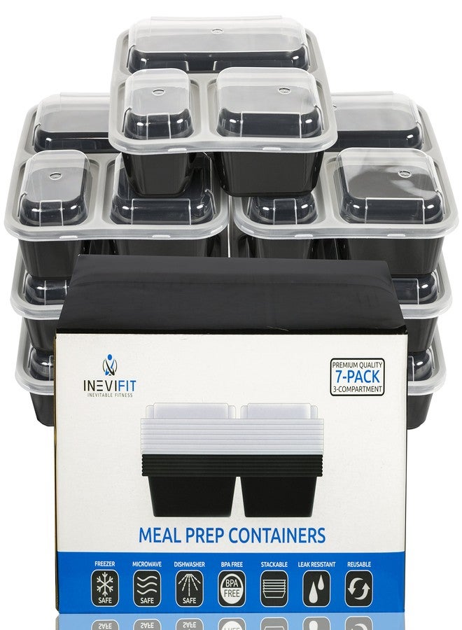 INEVIFIT Meal Prep 36 oz. 3-Compartment Stackable 7-Pack Premium Food Storage Containers with Leak Resistant Technology, Durable & Reusable, BPA Free, Microwaveable & Dishwasher-Safe Bento Lunch Box - Image 1
