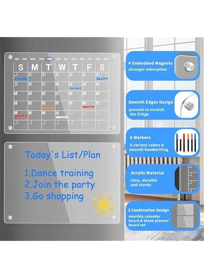 Acrylic Dry Erase Board for Refrigerator, Acrylic Calendar for Fridge Monthly, Acrylic White Board for Fridge Includes 6 Markers, Pen Holder and Rag
