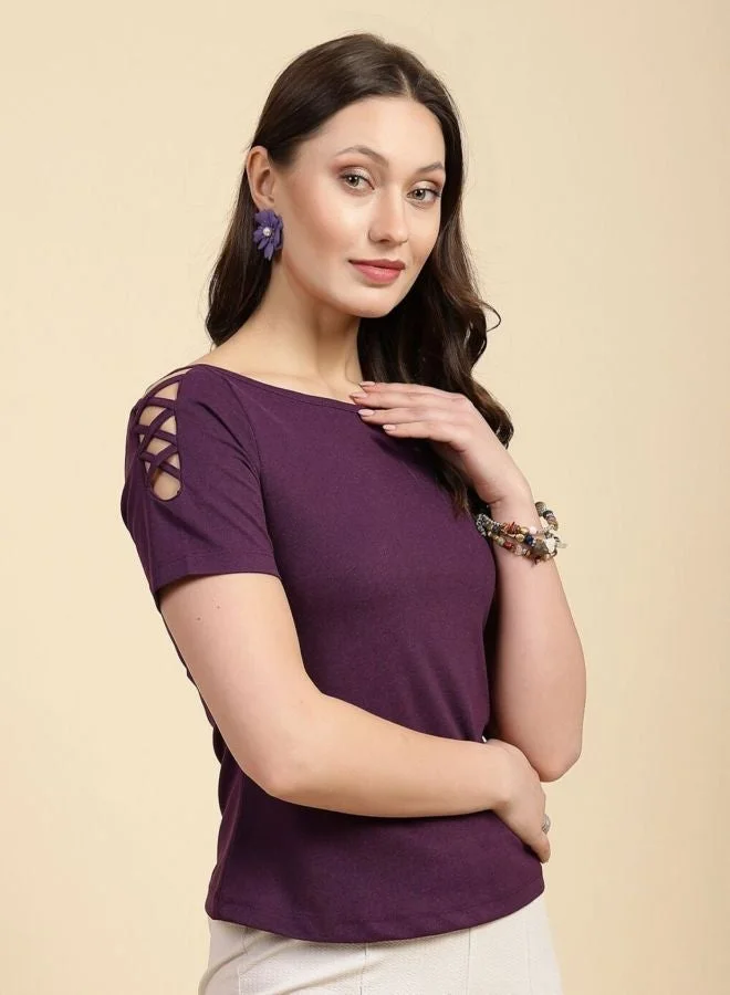 Women Regular Fit Solid Boat Neck Short Sleeve Cut Out Top