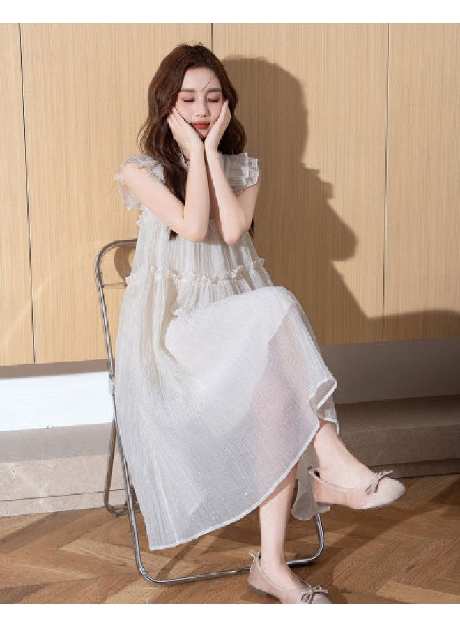 TonLion Women's Round Neck Long Flared Dress With Ruffle Trim, Large Open Front, And Flutter Sleeves - Versatile Summer 2025 Collection - Image 1