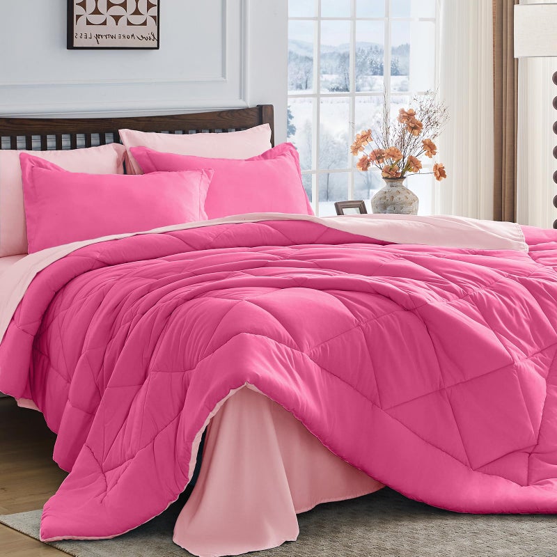 HEVUMYI Hot Pink & Baby Pink Queen Comforter Set - 7-Piece All Season Bed in a Bag Queen, Ultra Soft Bedding Set with Comforter, Flat Sheet, Fitted Sheet, Pillowcases, Pillow Shams - Image 1