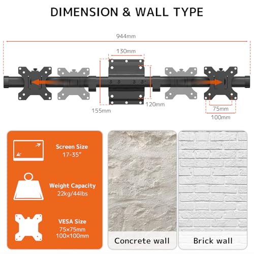 PUTORSEN Dual Monitor Wall Mount, Horizontal Assembly Mount for 2 Monitor Screens up to 35 inches, Max. 10kg per Arm, VESA 75x75/100x100mm,Black - Image 5