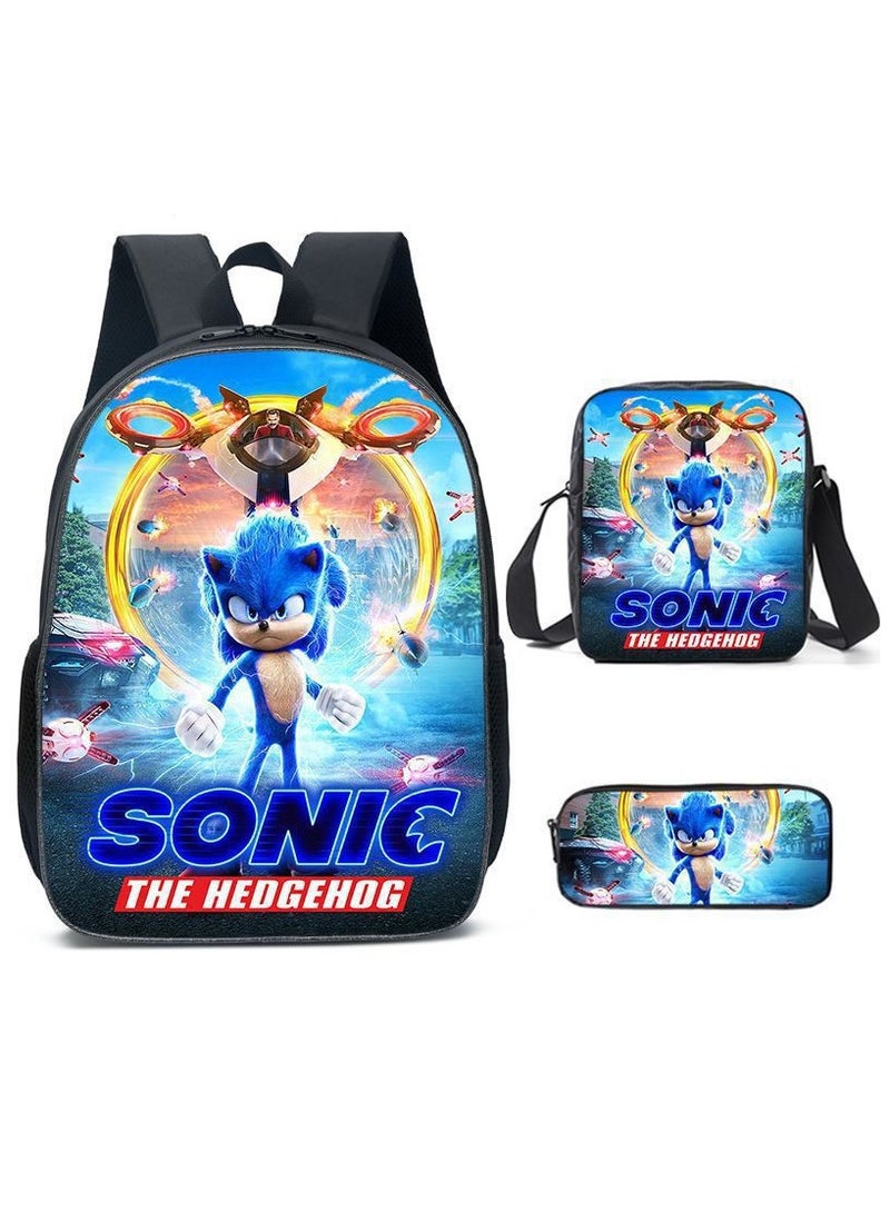 Sonic Primary School Backpack Cartoon Anime Backpack Messenger Bag Pencil Case Three-Piece Set 29*16*42cm