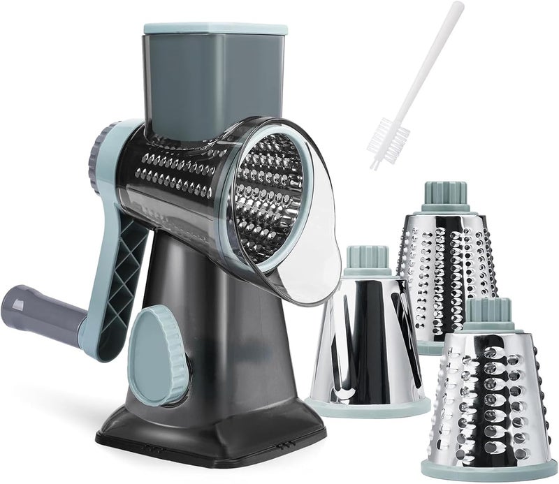 REDPANT Cheese Grater Hand Crank, Manual Cheese Shredder with 3 Interchangeable Blades, Rotary Cheese Grater with Strong Suction Base, Easy to Use and Clean, GreyBlue - Image 1