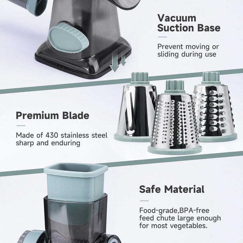 REDPANT Cheese Grater Hand Crank, Manual Cheese Shredder with 3 Interchangeable Blades, Rotary Cheese Grater with Strong Suction Base, Easy to Use and Clean, GreyBlue - Image 5