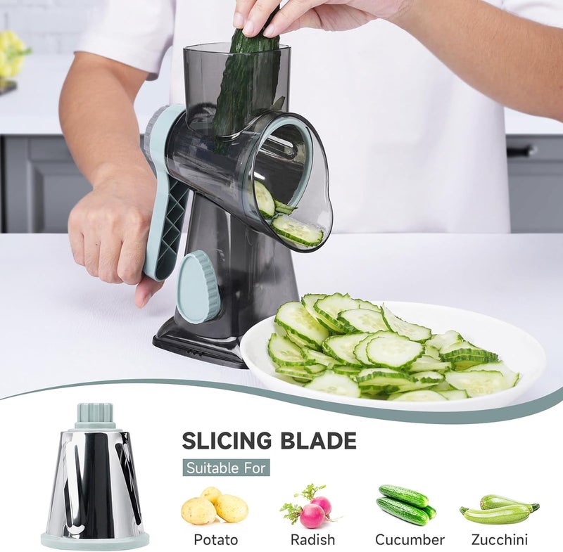 REDPANT Cheese Grater Hand Crank, Manual Cheese Shredder with 3 Interchangeable Blades, Rotary Cheese Grater with Strong Suction Base, Easy to Use and Clean, GreyBlue - Image 3