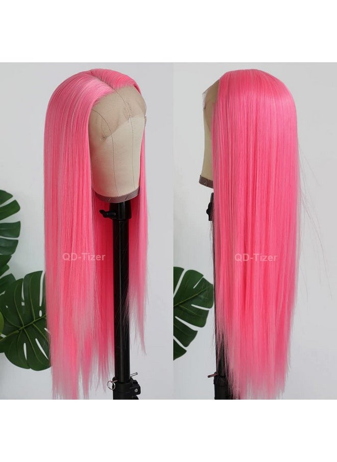 QD-Tizer - Pink Lace Front Wig Long Straight Hair Pastel Pink Red Wig Heat Resistant Glueless Synthetic Lace Front Wigs For Fashion Women - Image 1