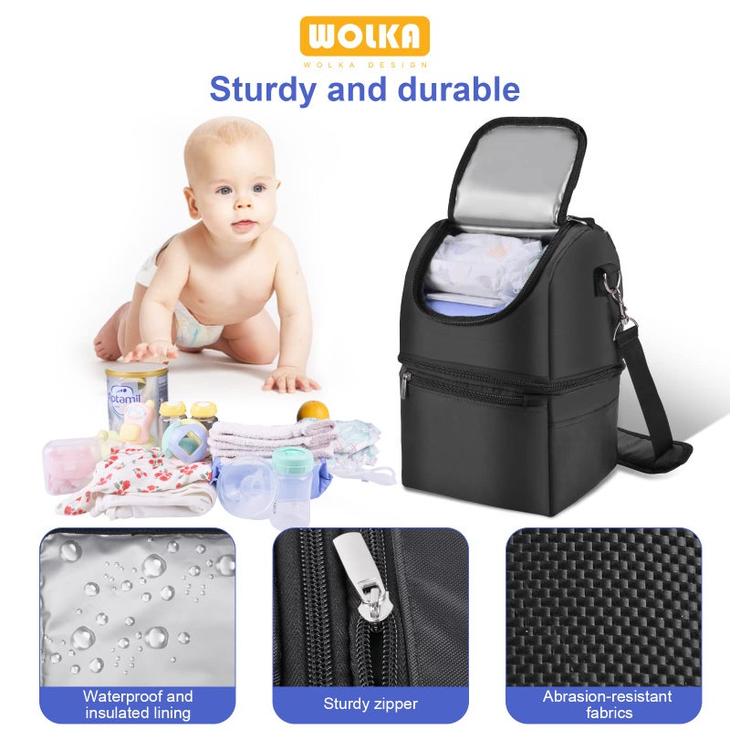 Wolka Breastmilk Cooler Bag - Cooler Bag for Nursing Moms Multi-Function, Insulated Baby Bottle Cooler Tote Bag with Double Compartments - Fits 6 Baby Bottles Up to 9 Ounce - All Black - Image 5