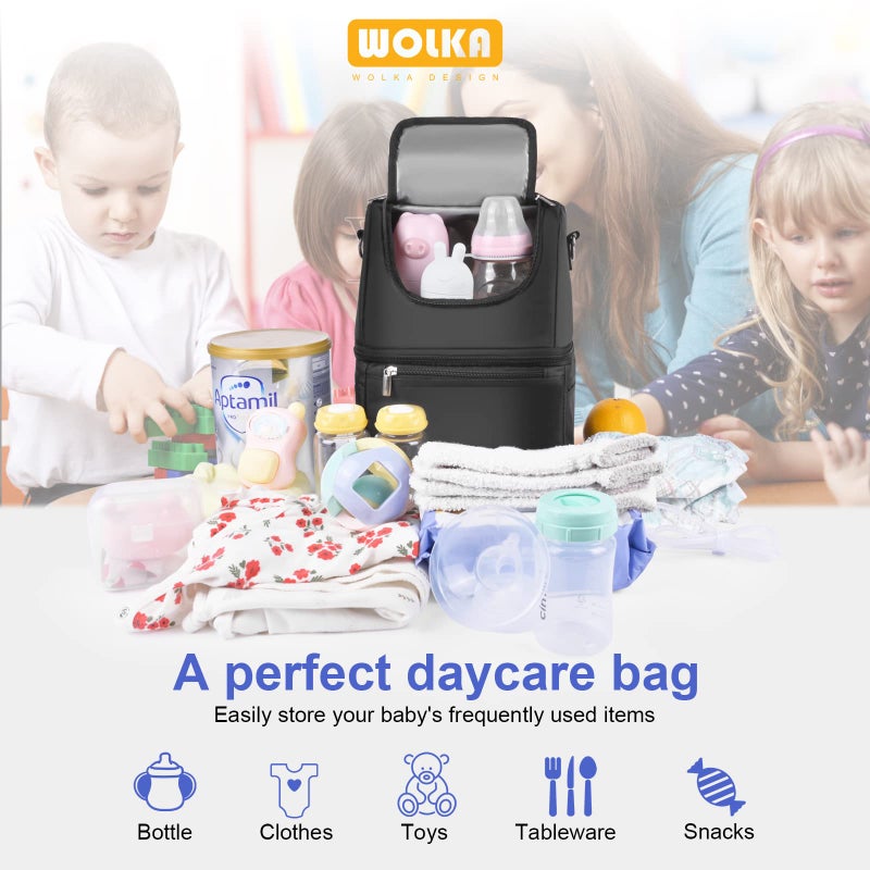 Wolka Breastmilk Cooler Bag - Cooler Bag for Nursing Moms Multi-Function, Insulated Baby Bottle Cooler Tote Bag with Double Compartments - Fits 6 Baby Bottles Up to 9 Ounce - All Black - Image 2