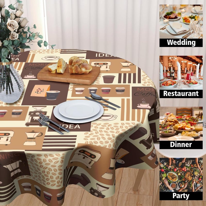 Granbey Classic Coffee Themed Table Cloth  Mocha Latte Milk Round Tablecloth Beige Brown Table Cover 60 Inch Decorative for Kitchen Dining Table Party - Image 4
