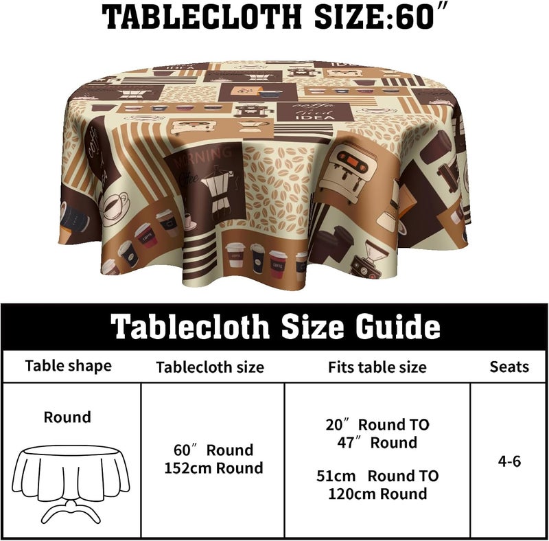 Granbey Classic Coffee Themed Table Cloth  Mocha Latte Milk Round Tablecloth Beige Brown Table Cover 60 Inch Decorative for Kitchen Dining Table Party - Image 2