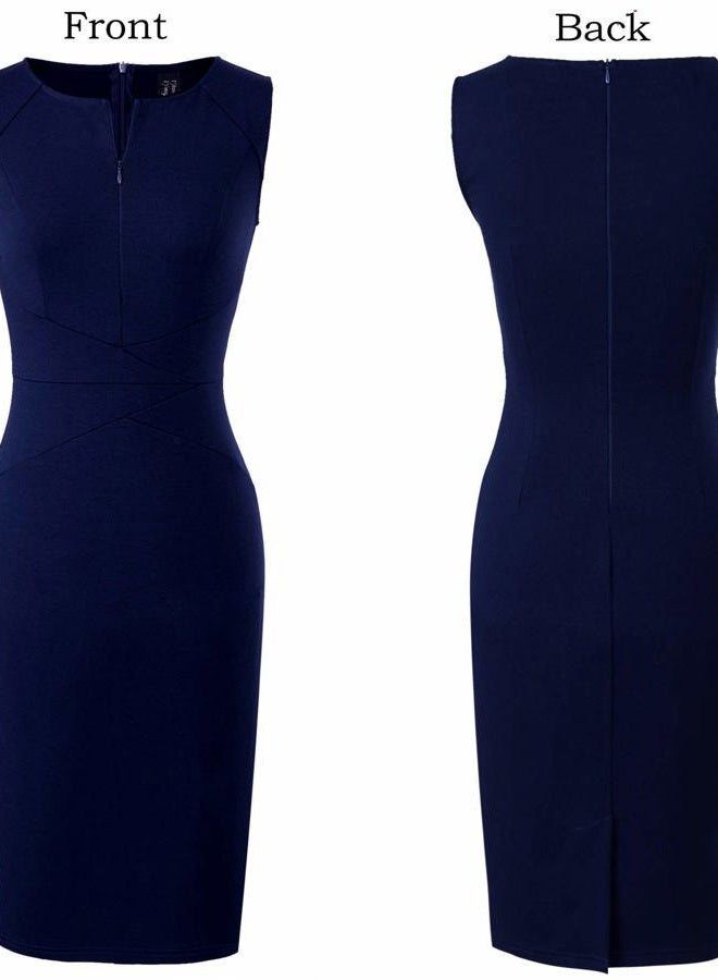 Vfshow Womens Front Zipper Slim Work Office Business Cocktail Party Pencil Dress, Dark Blue-sleeveless, M - Image 4