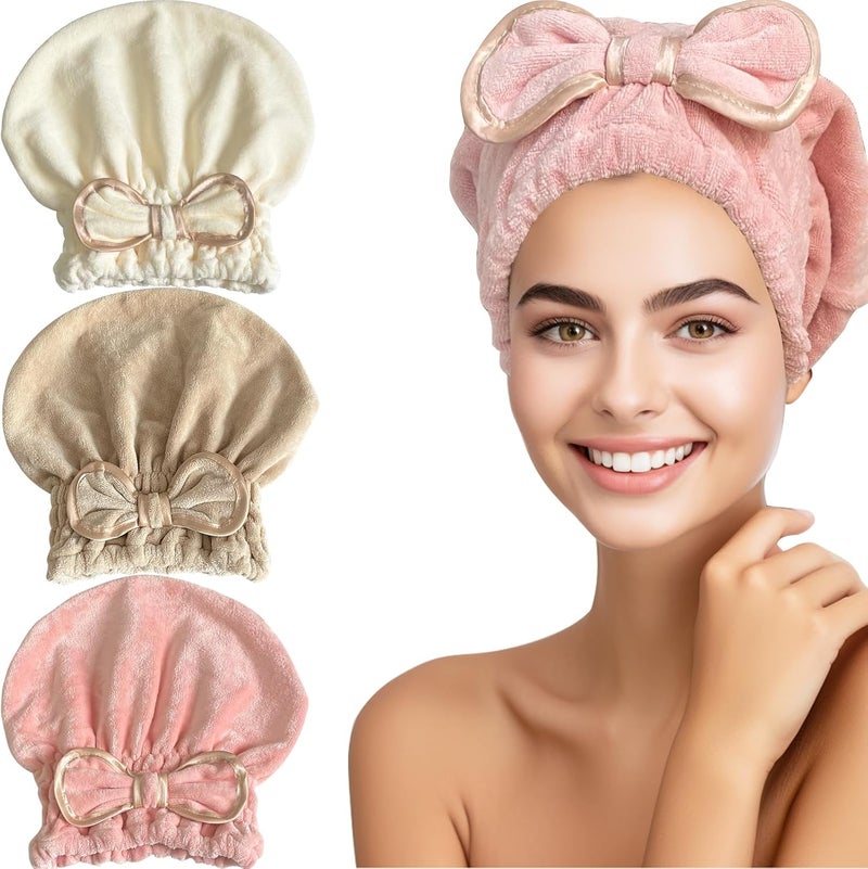 Jseng Microfiber Hair Towel Caps 3 Packs Fast Drying Cute Bowtie Design Cream Khaki Pink Women  Girls Aged 14 And Above