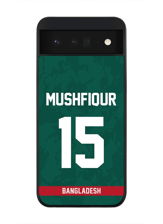 Rugged Black Edge Case for Google Pixel 6 5G, Slim fit Soft Case Flexible Rubber Edges Thin Cover - Player Name - Mushfiqur Rahim, Jersey Number- 15