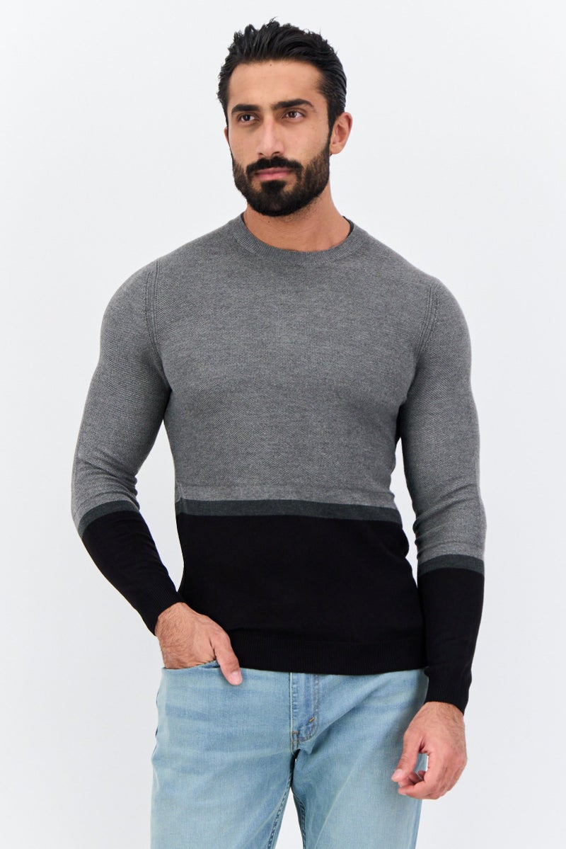 Sorbino Men Crew Neck Long Sleeve Two-Tone Sweater, Grey - Image 1