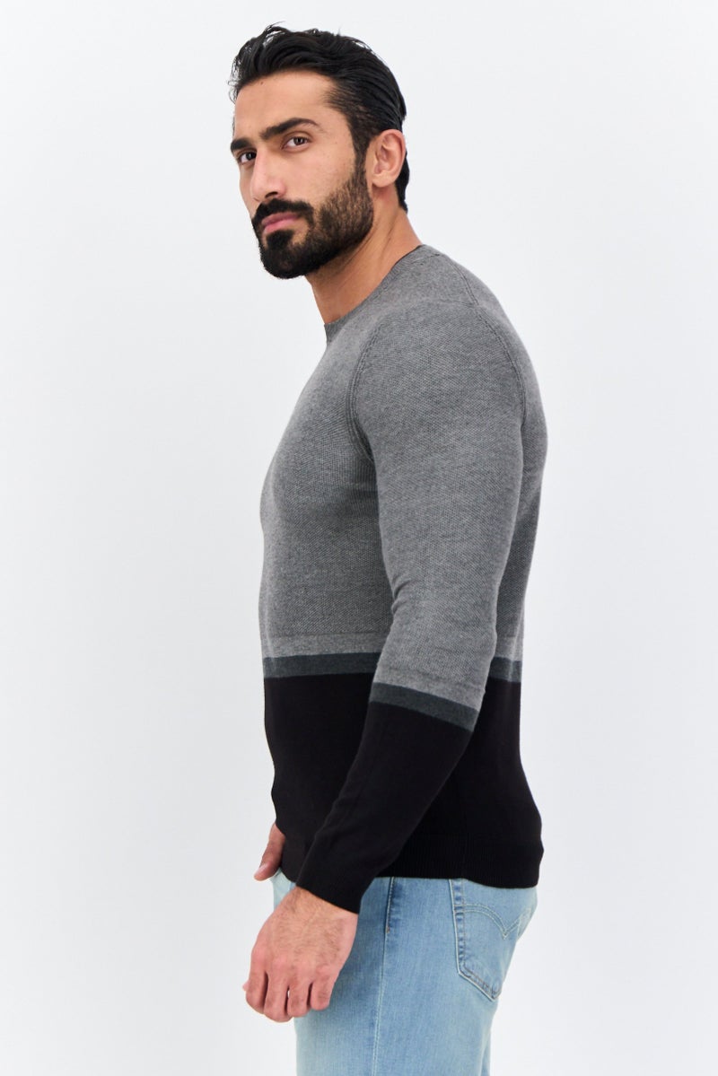 Sorbino Men Crew Neck Long Sleeve Two-Tone Sweater, Grey - Image 2