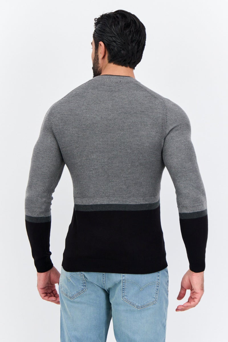 Sorbino Men Crew Neck Long Sleeve Two-Tone Sweater, Grey - Image 3