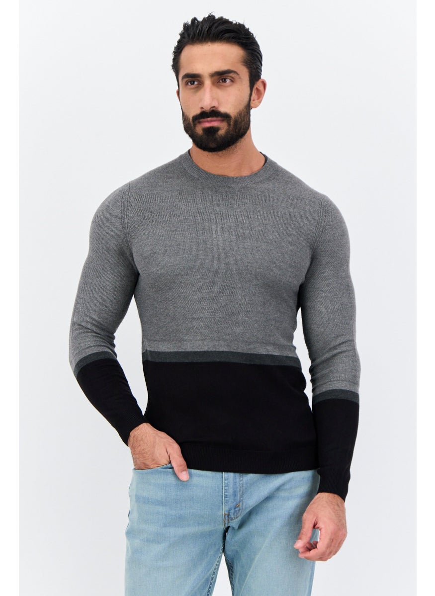 Men Crew Neck Long Sleeve Two-Tone Sweater, Grey - pzsku/Z07169CF659255F7F7B93Z/45/_/1737642081/9d851a78-b66d-4287-be36-b237ac416556