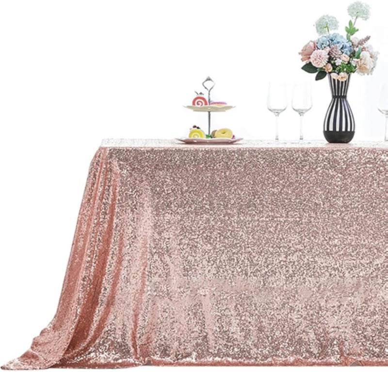 TOMVAES مفرش طاولة مستطيل الشكل من TOMVAES، مزين بترتر ذهبي وردي لامع، مقاس 127 × 203 سم، غطاء طاولة ذهبي وردي لامع للحفلات، حفلات الزفاف، أعياد الميلاد، الكريسماس، المعارض والفعاليات.