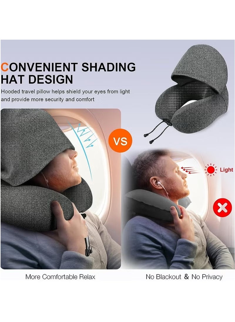 U-Shaped Pillow With Cap Travel Storage Portable Memory Cotton Hooded Multifunctional Neck Pillow Neck Cushion Airplane Nap Travel Sleep (Light Grey)  - Image 3