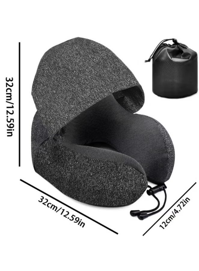 U-Shaped Pillow With Cap Travel Storage Portable Memory Cotton Hooded Multifunctional Neck Pillow Neck Cushion Airplane Nap Travel Sleep (Light Grey)  - Image 2