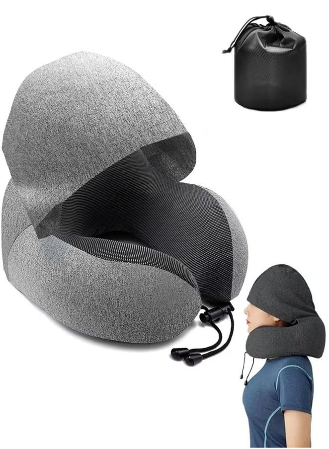 U-Shaped Pillow With Cap Travel Storage Portable Memory Cotton Hooded Multifunctional Neck Pillow Neck Cushion Airplane Nap Travel Sleep (Light Grey)  - Image 1