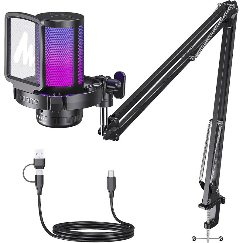 Maono Gaming USB Microphone, Noise Cancellation Condenser mic with Mute, Gain, Monitoring, Boom Arm for Streaming, Podcast, Twitch, YouTube, Discord, PC, Computer, PS4, PS5, Mac, GamerWave DGM20S - Image 1