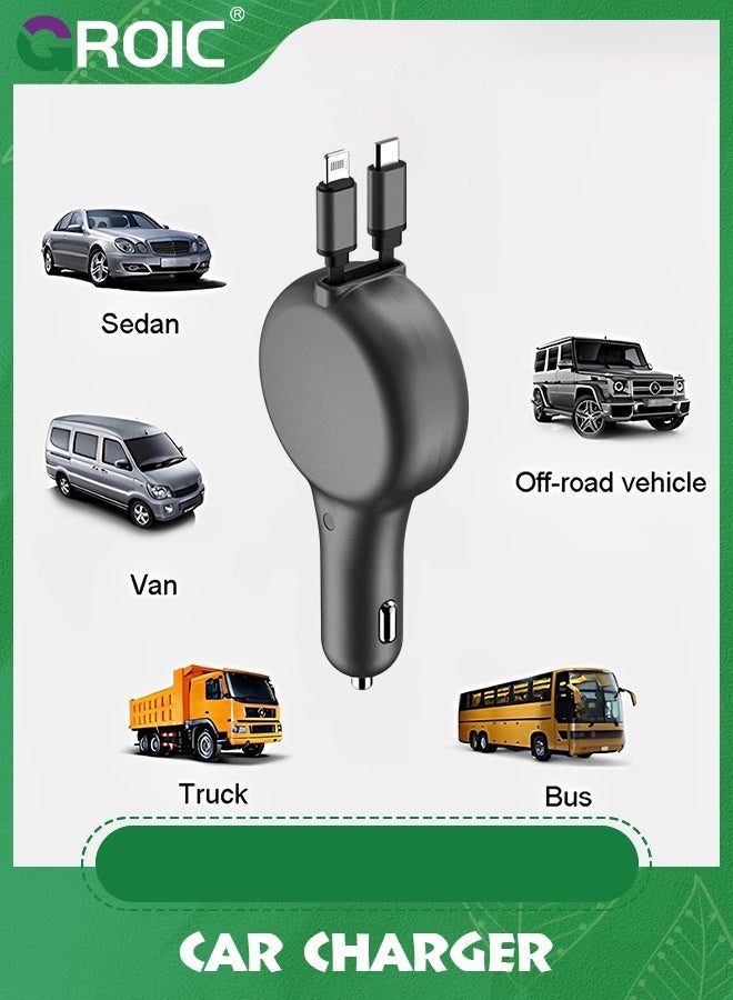 GROIC Retractable Car Charger for iPhone, 2 in 1 Fast Phone Adapter with Type C & L Cords, Cell Automobile iPhone 16/15/14/13/12/11 Pro Max/XR/XS  - Image 3