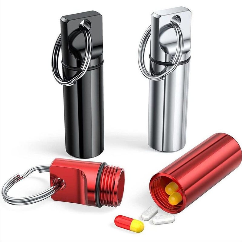 Generic Aluminum Alloy Pill Case Keychain Waterproof Storage Container Black 