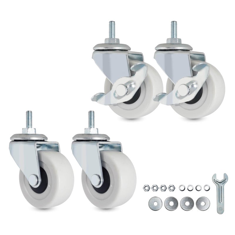 AXL M610 Threaded Stem Caster Wheels 2 Inch PVC Silent Castors M6 x 15mm Replacement Wheels for Utility Shelf Small Rolling Cart KitchenLaundry Rack Set of 4 2 Brake 2 Swivel - Image 2