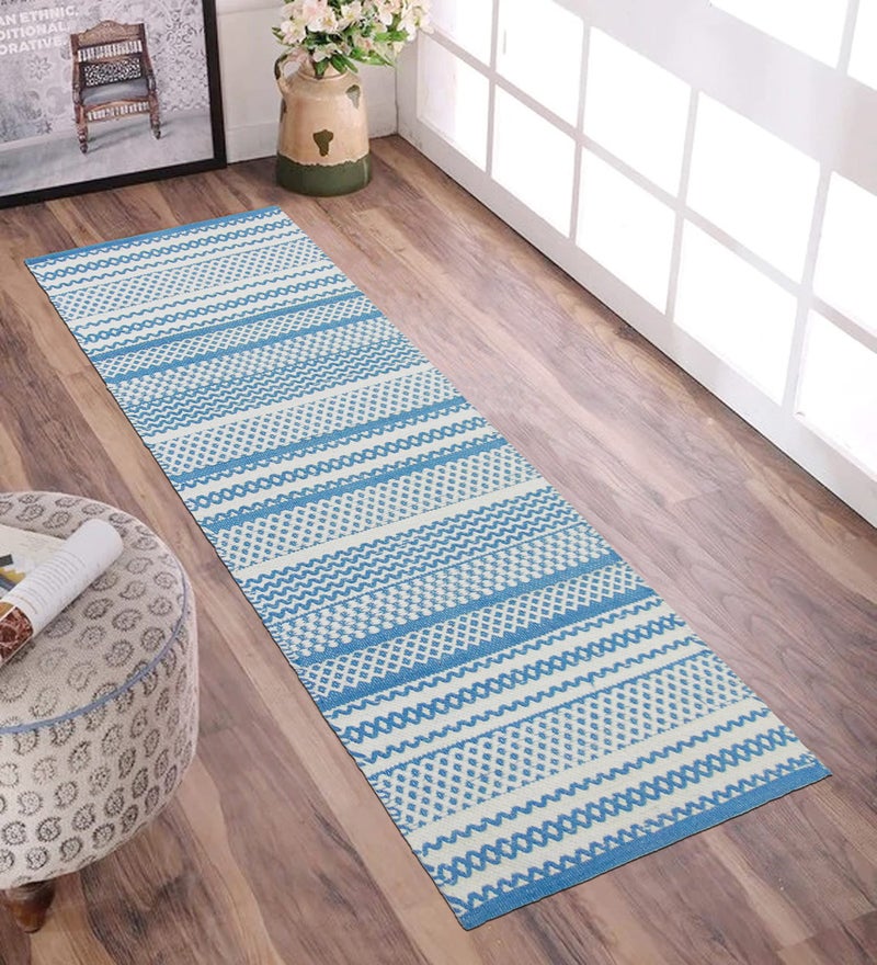 MDZ® Hand Woven 100% Cotton Designer Striped Rug, Bed Side Runner for Bedroom, Living Room, Passage, Style - Modern, Size - 45 x 130 cm | Eco Friendly (Turquoise White) - Image 2