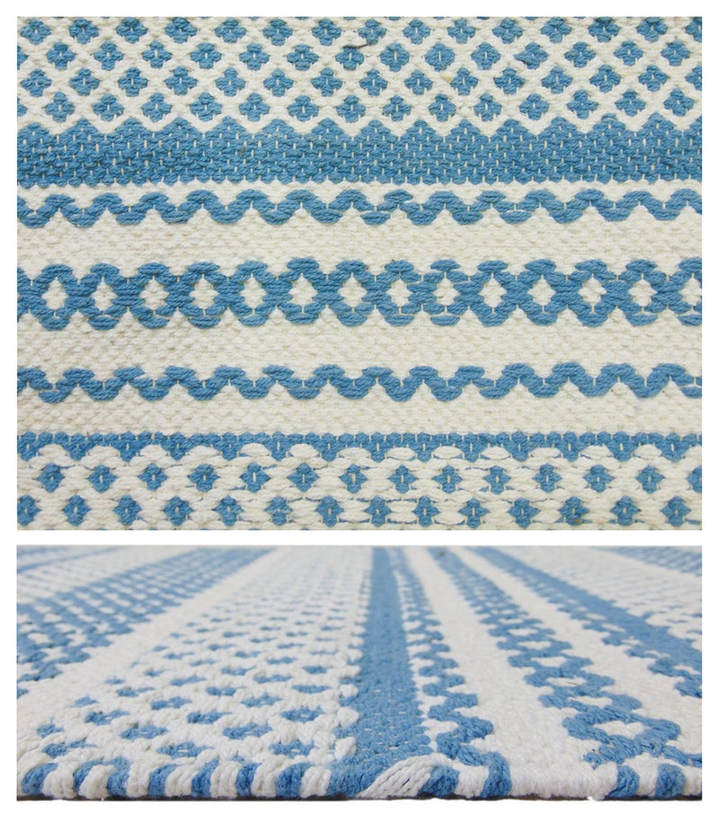 MDZ® Hand Woven 100% Cotton Designer Striped Rug, Bed Side Runner for Bedroom, Living Room, Passage, Style - Modern, Size - 45 x 130 cm | Eco Friendly (Turquoise White) - Image 3