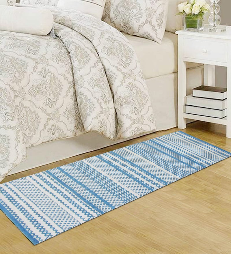 MDZ® Hand Woven 100% Cotton Designer Striped Rug, Bed Side Runner for Bedroom, Living Room, Passage, Style - Modern, Size - 45 x 130 cm | Eco Friendly (Turquoise White) - Image 1