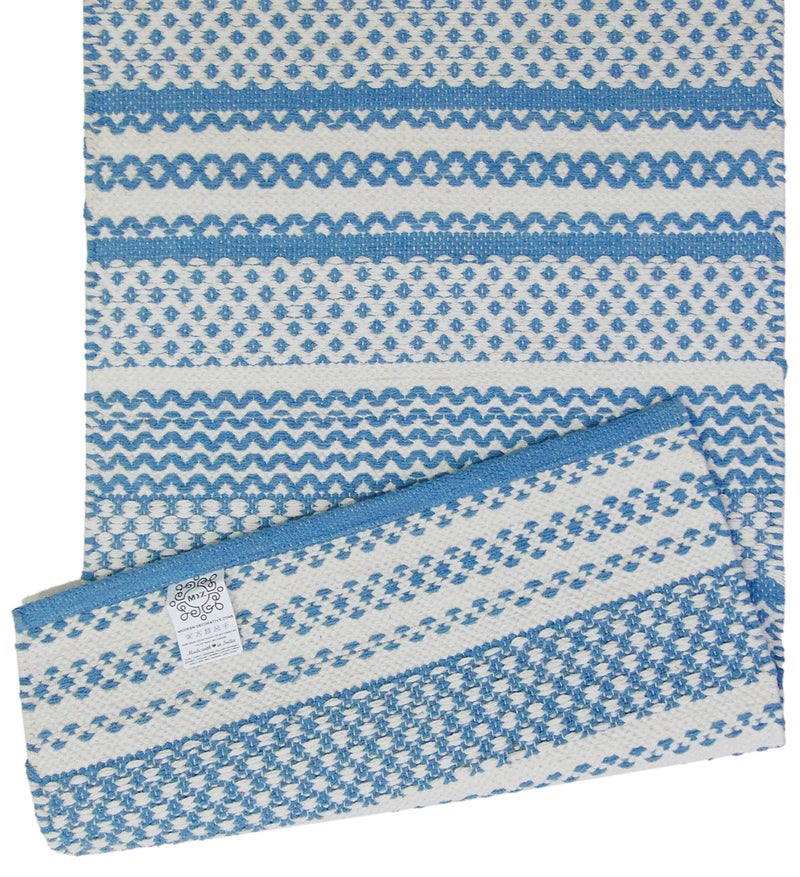 MDZ® Hand Woven 100% Cotton Designer Striped Rug, Bed Side Runner for Bedroom, Living Room, Passage, Style - Modern, Size - 45 x 130 cm | Eco Friendly (Turquoise White) - Image 4