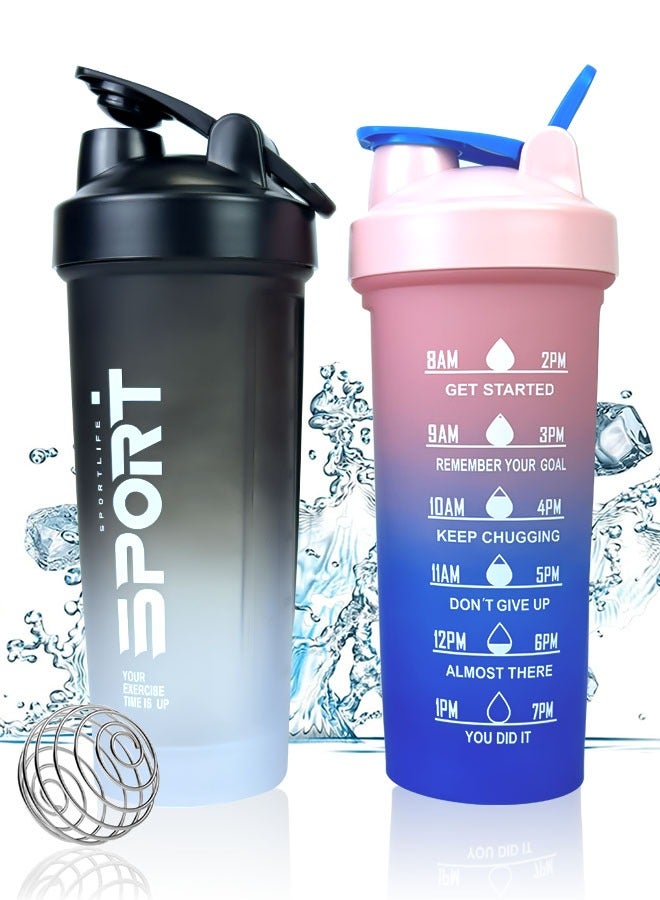 SPORT 2 Pack 600ml Gym Shaker Bottle - Leak-Proof & BPA-Free Sports Mixing Cup with Time Marker for Protein Shakes - Image 1
