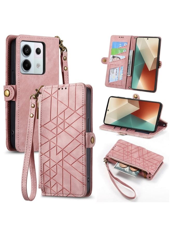HuHa Case Cover For Redmi Note 13 Pro 5G Global Geometric Zipper Wallet Side Buckle Leather Phone Case Pink 