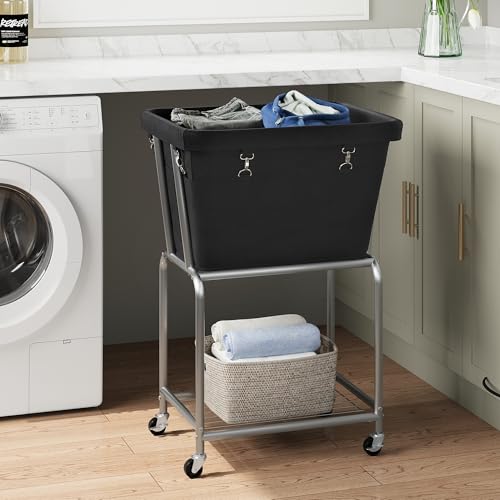 ELYKEN Rolling Laundry Hamper with Wheels, Laundry Cart with Removable Bag, Heavy Duty Metal Frame, 2-Tier Clothes Basket Hamper with Shelf for Closet, Bedroom, Bathroom, Laundry Room, Black - Image 2