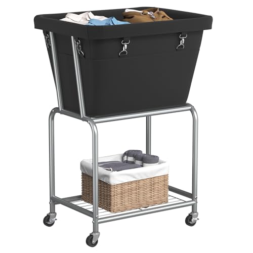ELYKEN Rolling Laundry Hamper with Wheels, Laundry Cart with Removable Bag, Heavy Duty Metal Frame, 2-Tier Clothes Basket Hamper with Shelf for Closet, Bedroom, Bathroom, Laundry Room, Black - Image 1