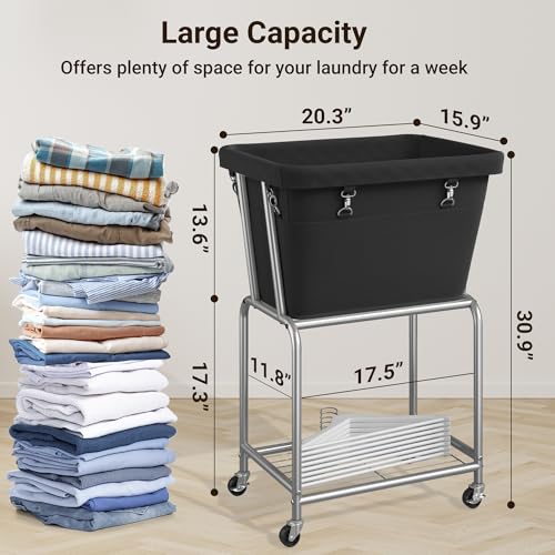 ELYKEN Rolling Laundry Hamper with Wheels, Laundry Cart with Removable Bag, Heavy Duty Metal Frame, 2-Tier Clothes Basket Hamper with Shelf for Closet, Bedroom, Bathroom, Laundry Room, Black - Image 3