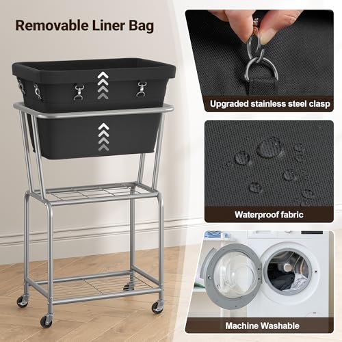 ELYKEN Rolling Laundry Hamper with Wheels, Laundry Cart with Removable Bag, Heavy Duty Metal Frame, 2-Tier Clothes Basket Hamper with Shelf for Closet, Bedroom, Bathroom, Laundry Room, Black - Image 5