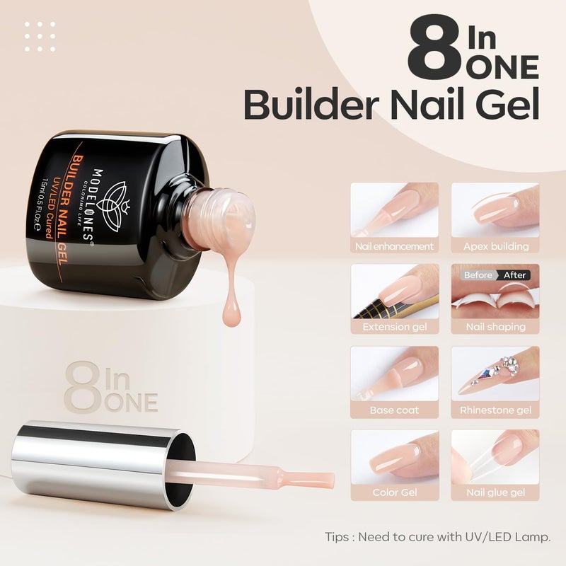 modelones 8-in-One Builder Nail Gel, Neutral Nude Builder for Thickening, LED Lamp Cured Hard Strengthener Extension Color Base Rhinestone Glue Gel Polish in a Bottle for DIY Home Salon - Image 2