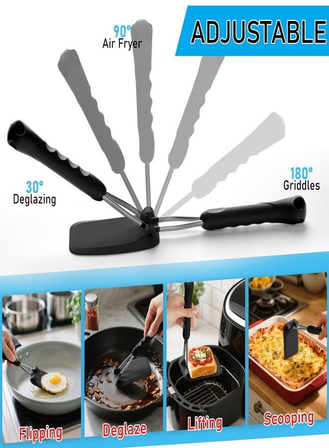 MFTEK Silicone Spatula Set, Eggs Flipper, Adjustable Angle Spatula Turner for Pancake, Fish, Burger, Swappable 2 Size Spatula Heads, Flexible, Heat-Resistant (Black) - Image 2